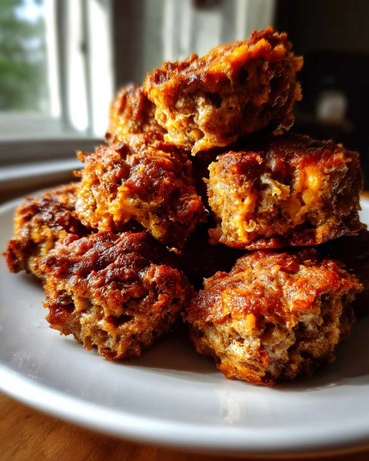 A close-up stack of freshly baked, golden brown cream cheese sausage balls on a white plate.