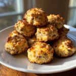 A stack of freshly baked, golden brown cream cheese sausage balls piled high on a white plate.