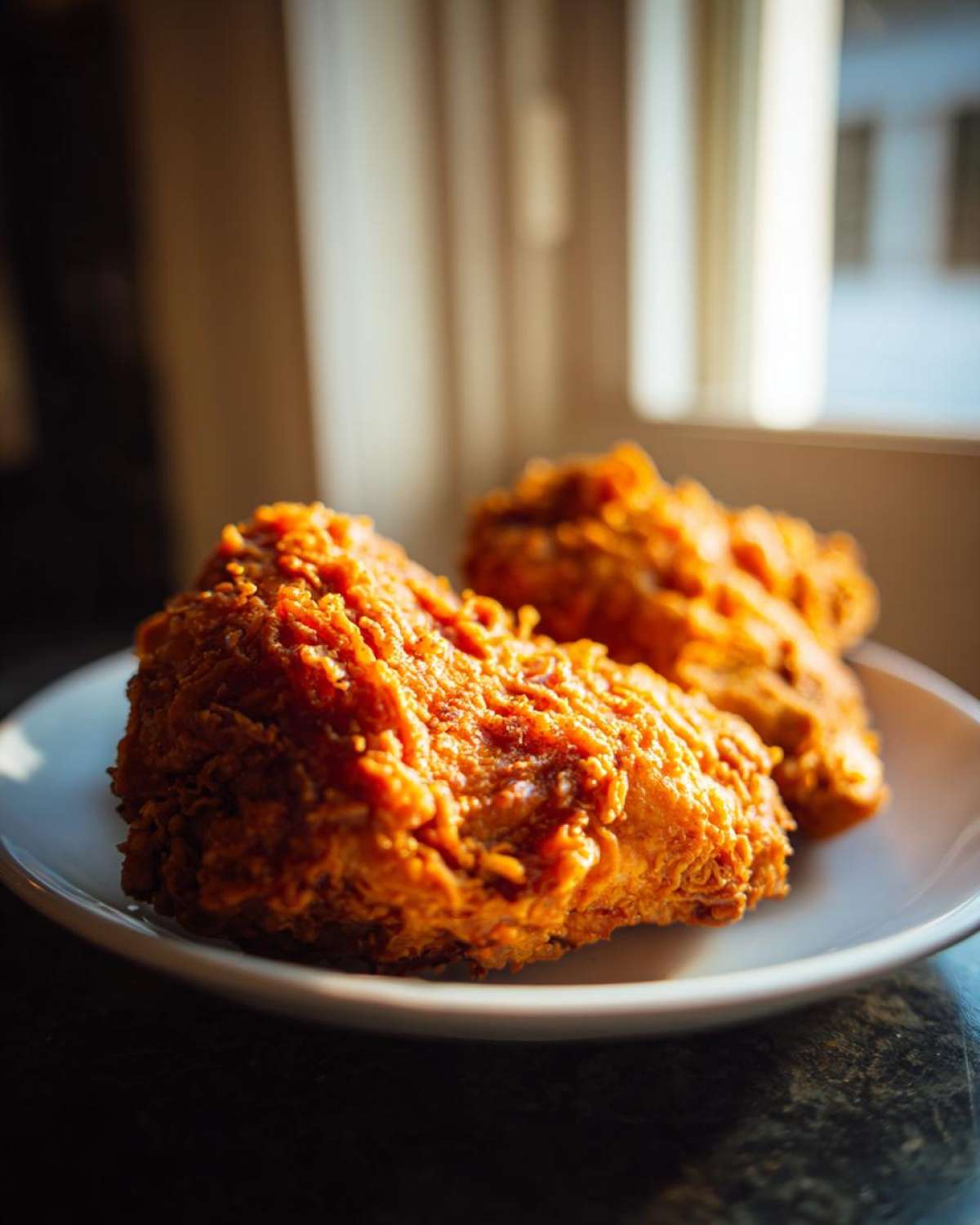 Two pieces of perfectly cooked, golden brown fried chicken with a thick, crispy coating served on a white plate.