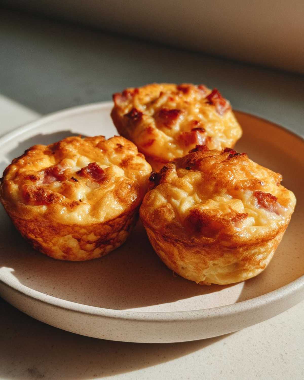 Three perfectly baked, golden brown Egg Muffin Cups with visible pieces of bacon on a speckled plate.