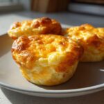 Three golden brown, fluffy Egg Muffin Cups with melted cheese topping resting on a light gray plate.