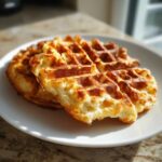 Close-up of golden brown, fluffy high protein waffles stacked on a white plate in bright sunlight.
