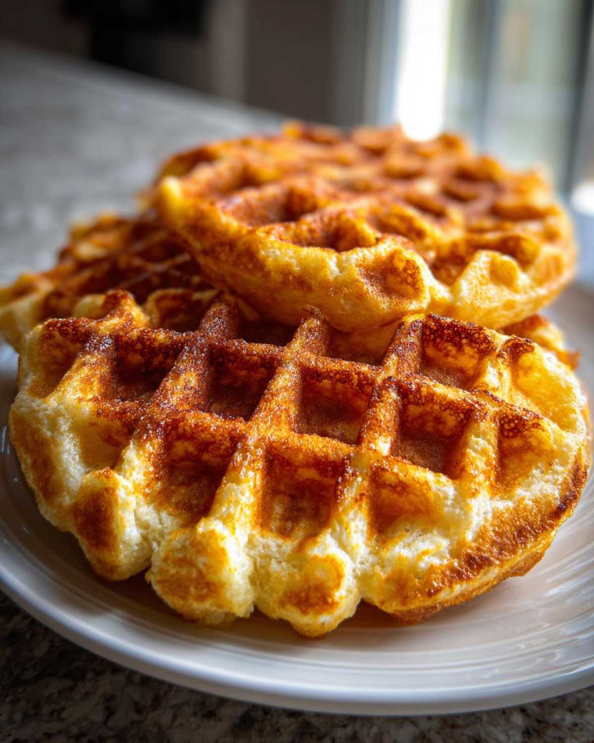 Close-up of two golden brown, fluffy high protein waffles stacked on a white plate.