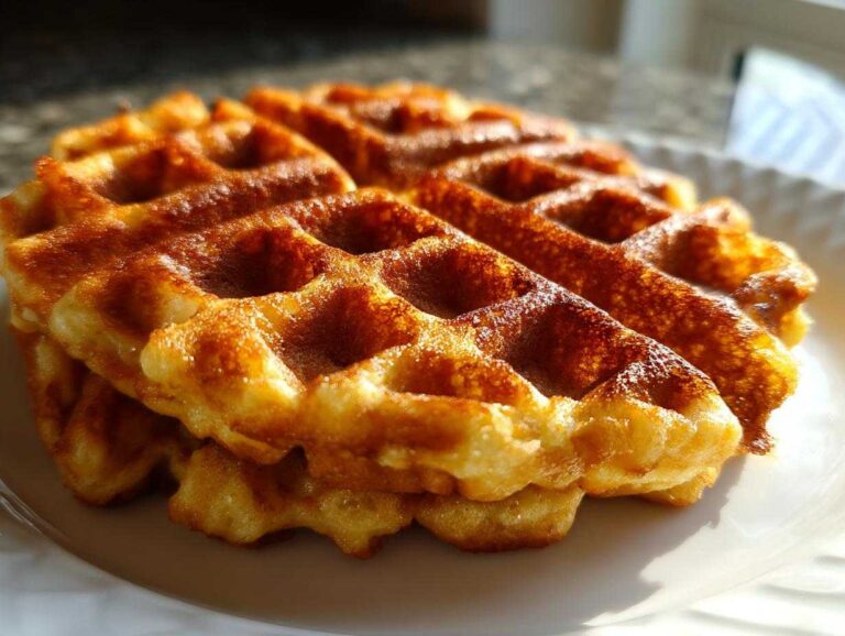 Close-up of a stack of golden brown, perfectly cooked high protein waffles on a white plate.