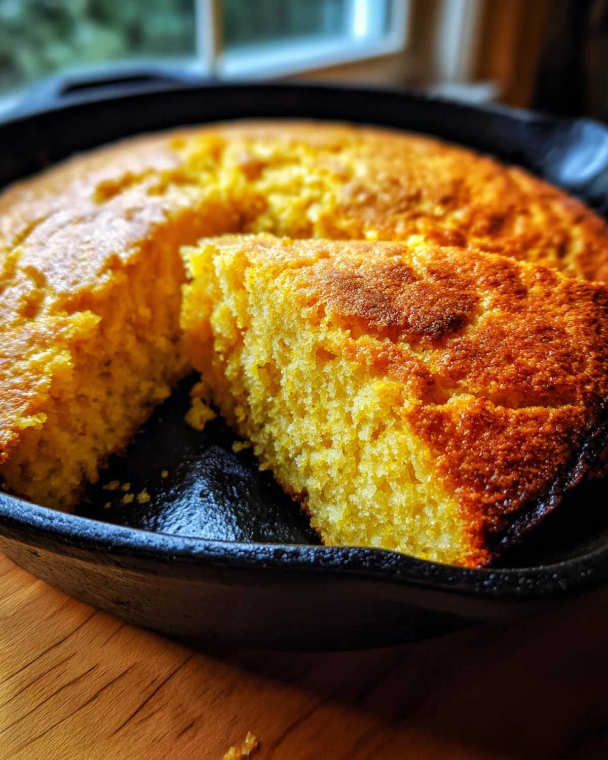 A close-up of a slice of golden skillet cornbread pulled from the rest of the cake in a black cast iron pan.