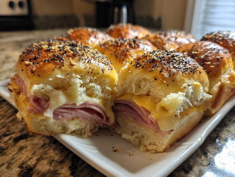 Close-up of freshly baked Ham and Cheese Sliders with melted cheese and poppy seed topping.