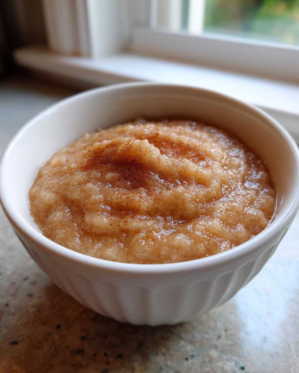 A close-up of homemade applesauce topped with a sprinkle of cinnamon, served in a small white bowl.