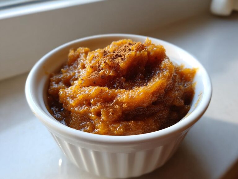 Close-up of rich, orange-brown homemade applesauce topped with cinnamon, served in a small white ramekin.