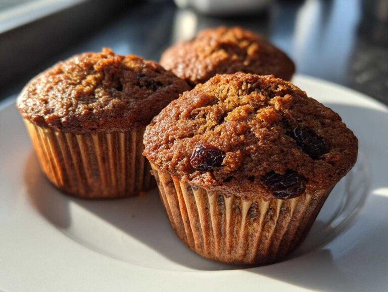Amazing 12 honey bran muffins blast off Close-up of three moist, dark honey bran muffins with visible raisins, sitting on a white plate in natural light.
