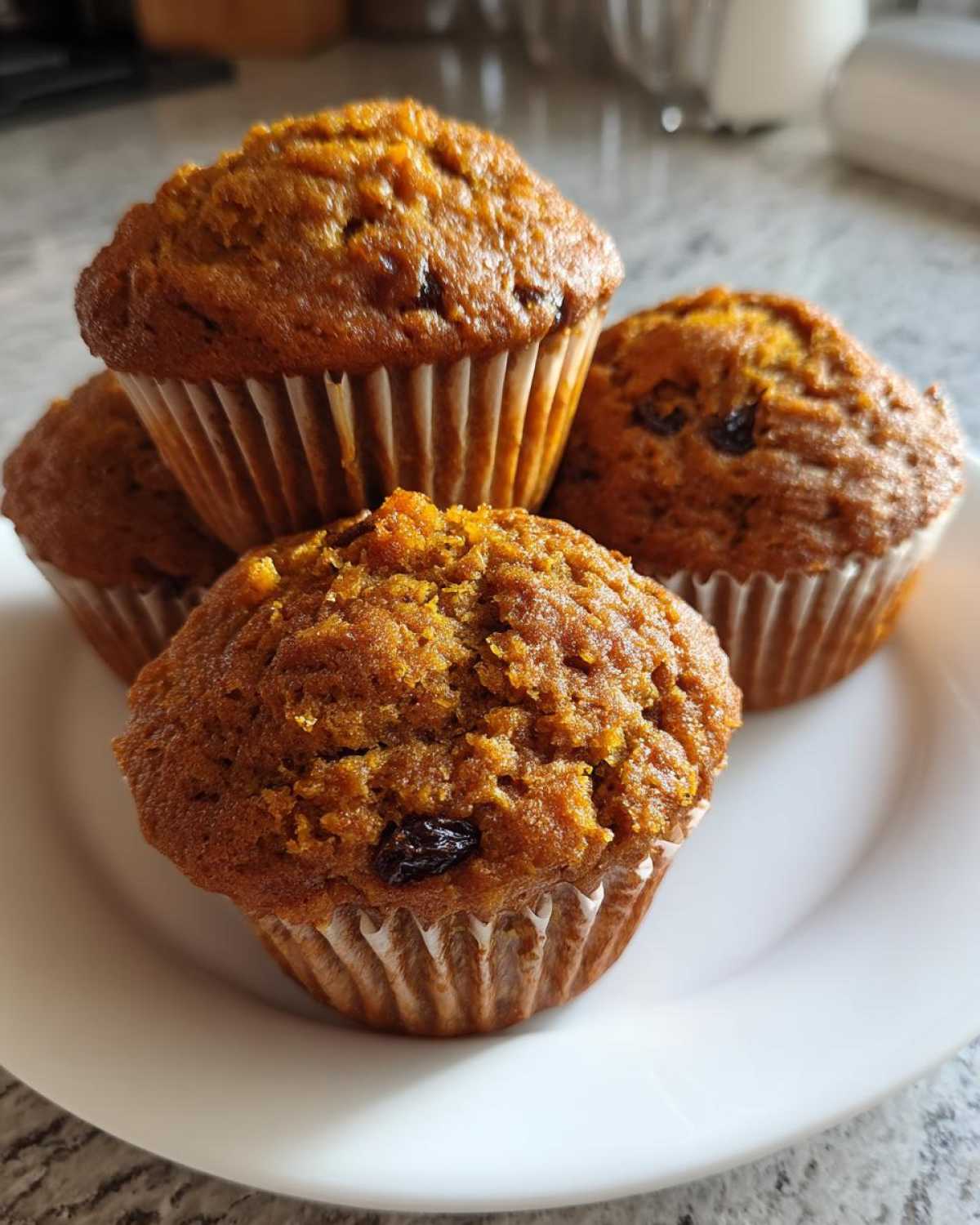 A close-up of four golden-brown honey bran muffins with visible raisins, stacked slightly on a white plate.