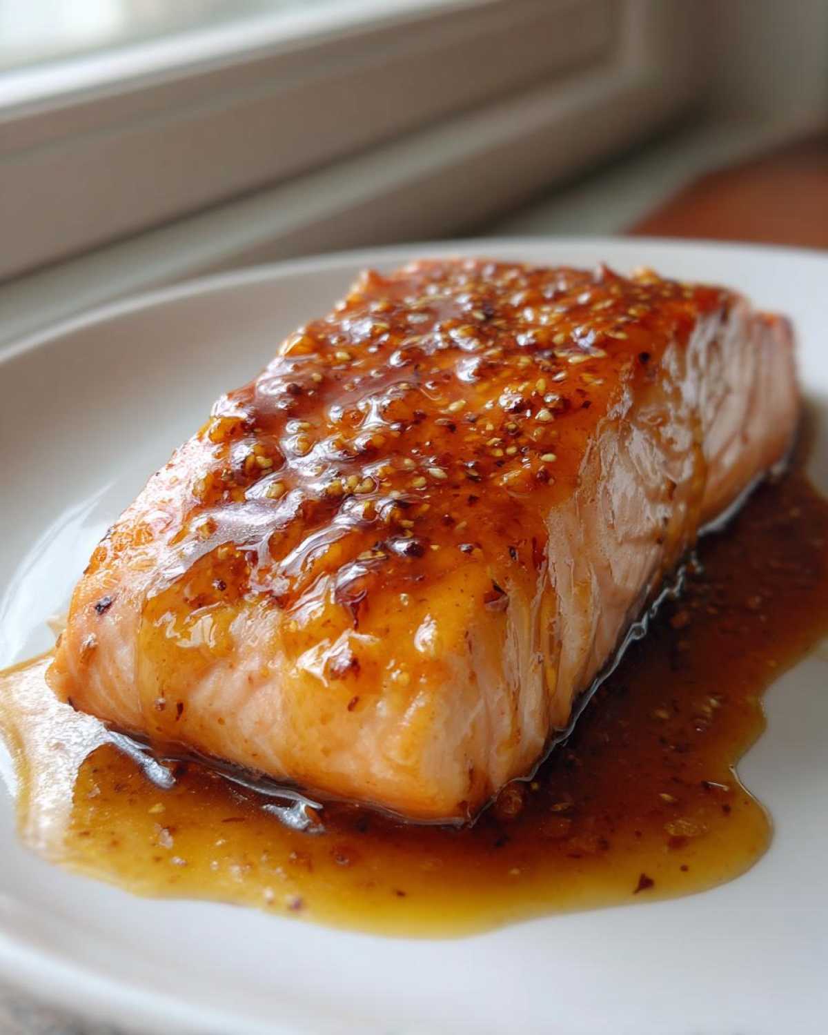 Close-up of a perfectly cooked salmon fillet covered in a thick, glossy honey garlic glaze with visible sesame seeds.