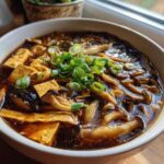A close-up of a white bowl filled with rich, dark hot and sour soup recipe, featuring tofu, mushrooms, and green onions.