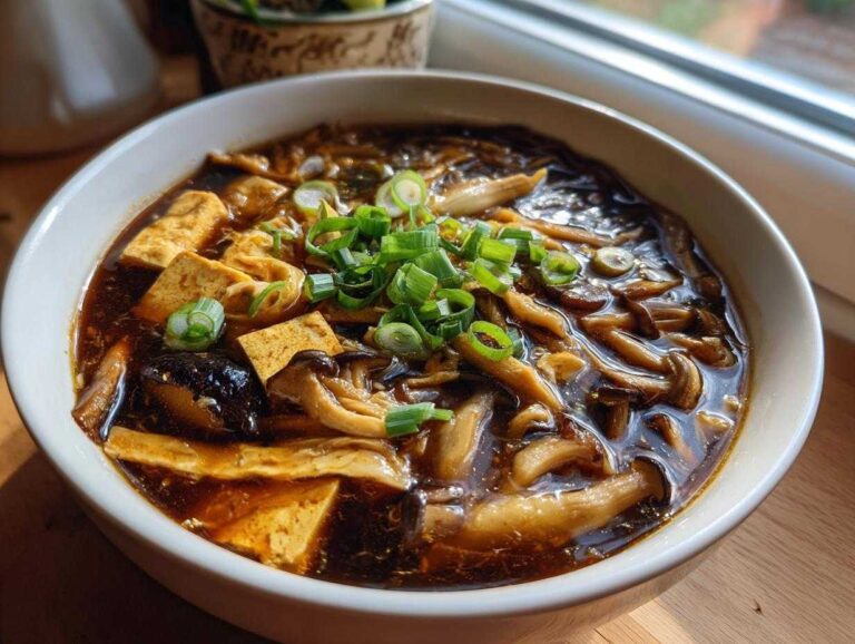 A close-up of a white bowl filled with rich, dark hot and sour soup recipe, featuring tofu, mushrooms, and green onions.