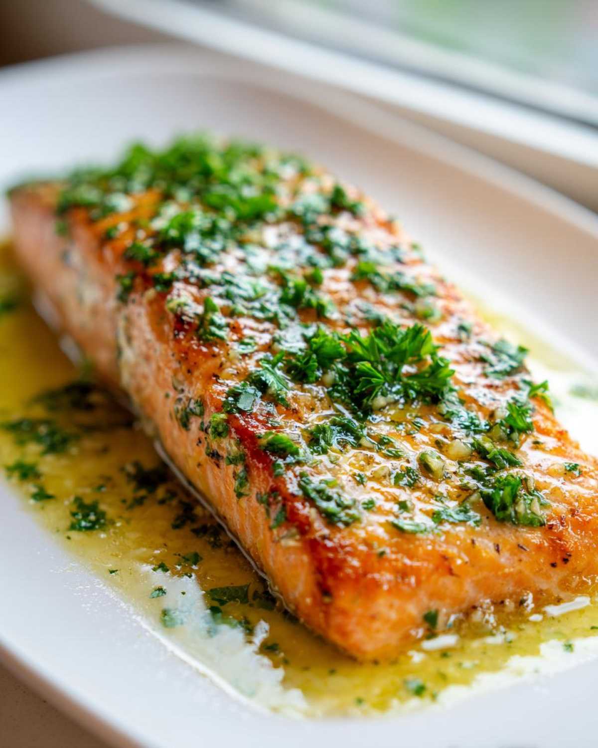 Close-up of a perfectly cooked baked salmon recipe fillet topped with garlic butter and fresh parsley.