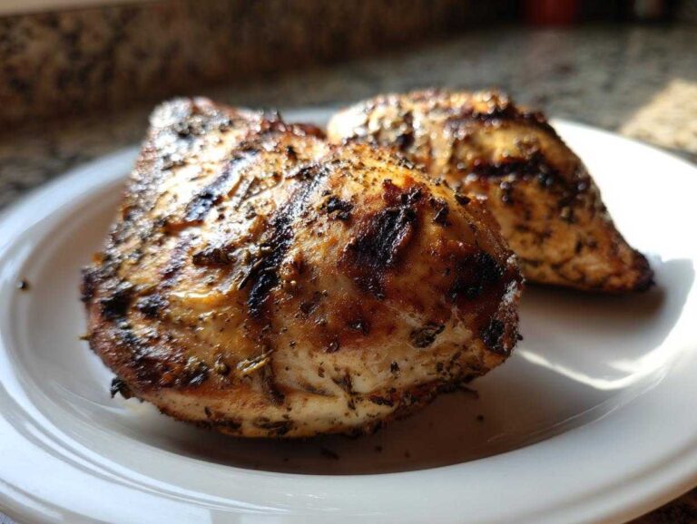 Two perfectly seared and seasoned greek chicken breasts resting on a white plate.