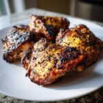 Four pieces of perfectly cooked, juicy greek chicken thighs with a beautifully charred, seasoned skin served on a white plate.