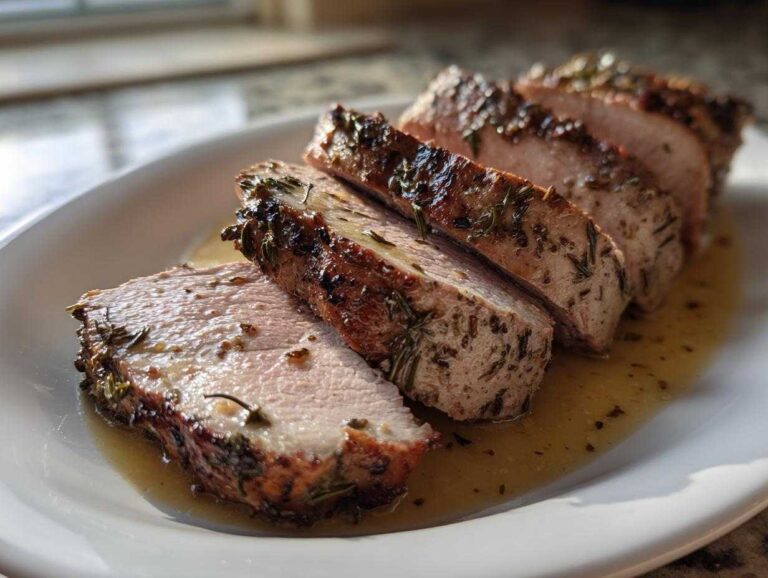 Amazing pork loin roast: 1 trick for juicy Close-up of thick slices of juicy pork loin roast, seasoned with herbs and resting in pan juices.