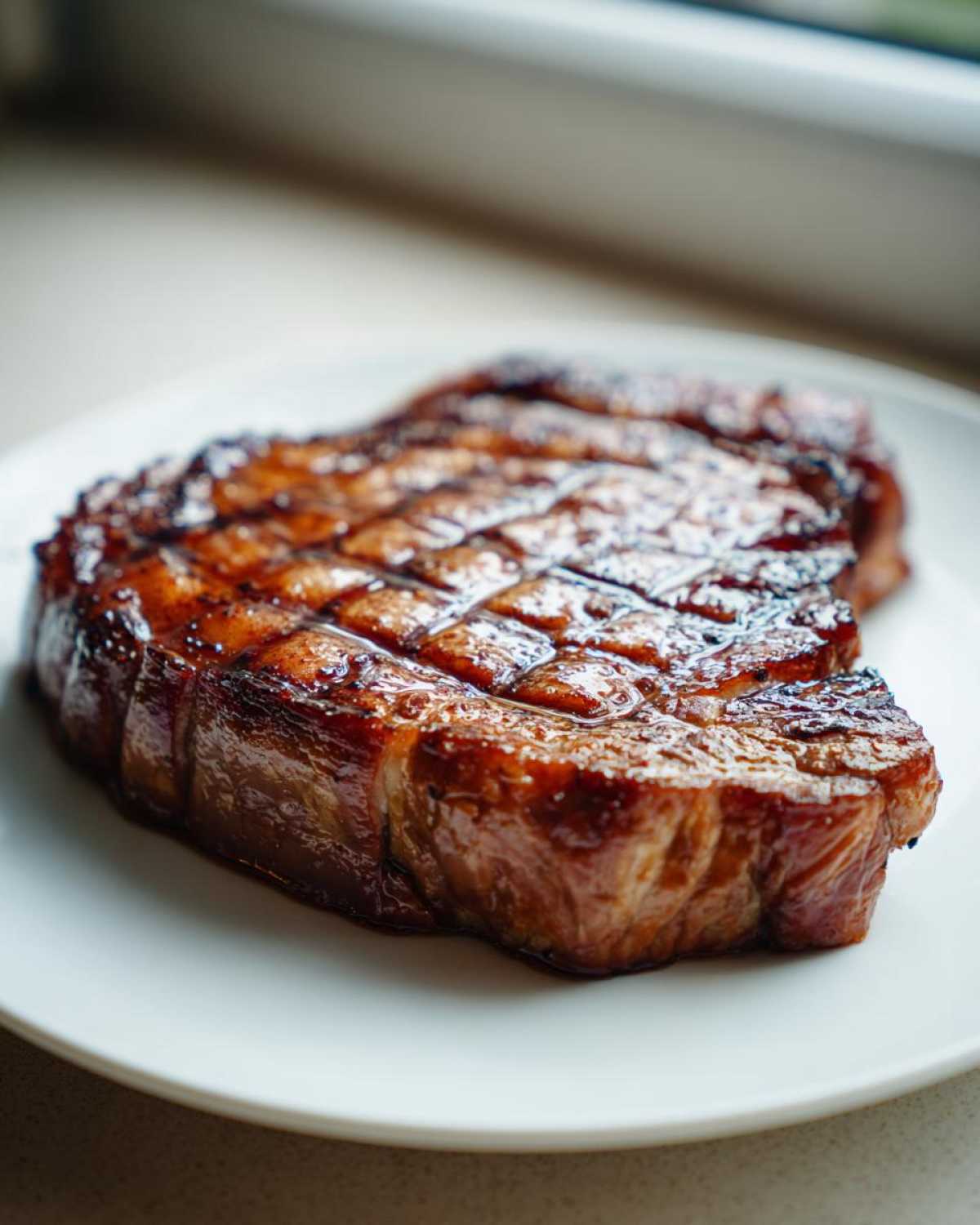 Close-up of a thick, juicy pork steak recipe cut with beautiful grill marks and a rich glaze.