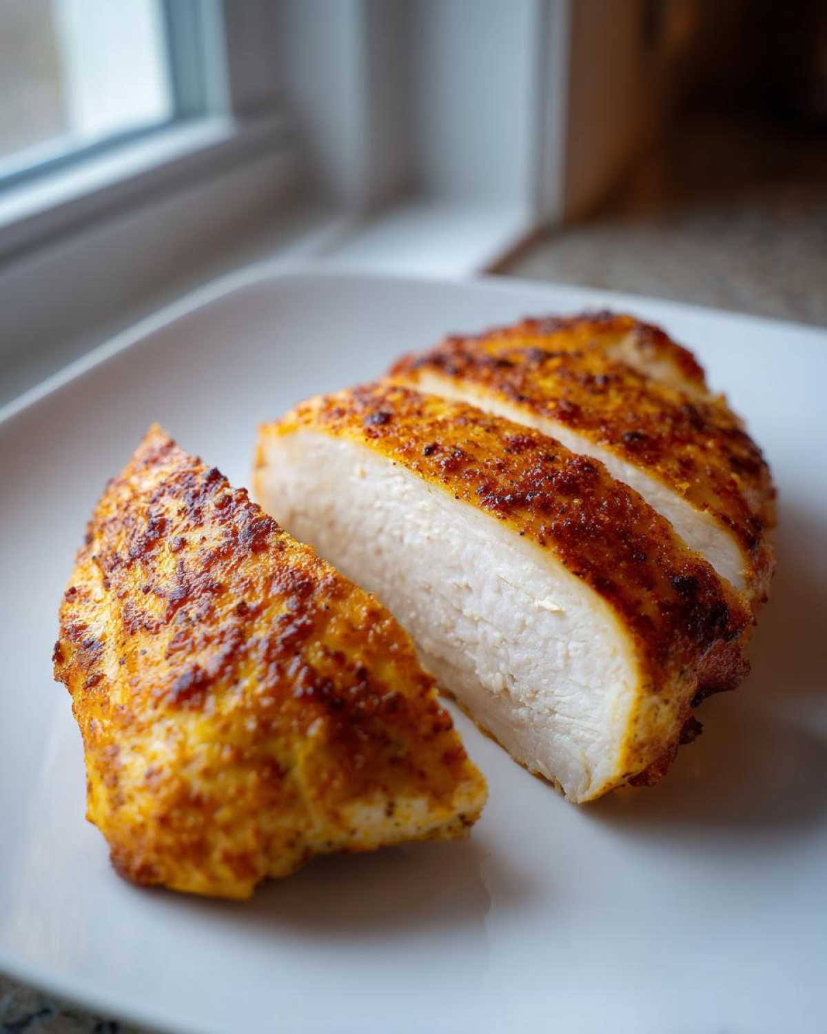 Close-up of a perfectly cooked, sliced air fryer chicken breast showing juicy white meat and a seasoned, golden-brown exterior.