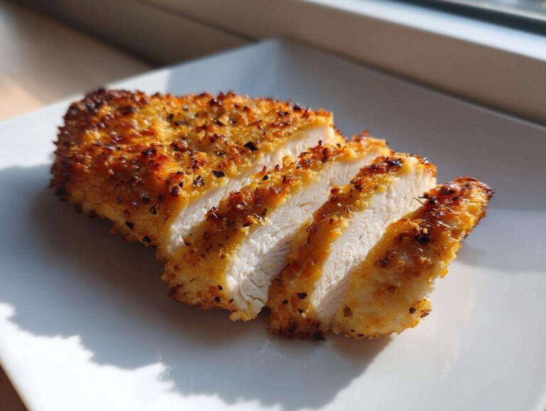 Amazing 20-Minute Juicy Air Fryer Chicken Close-up of a perfectly cooked, sliced air fryer chicken breast showing juicy white meat and a crispy, seasoned golden crust.