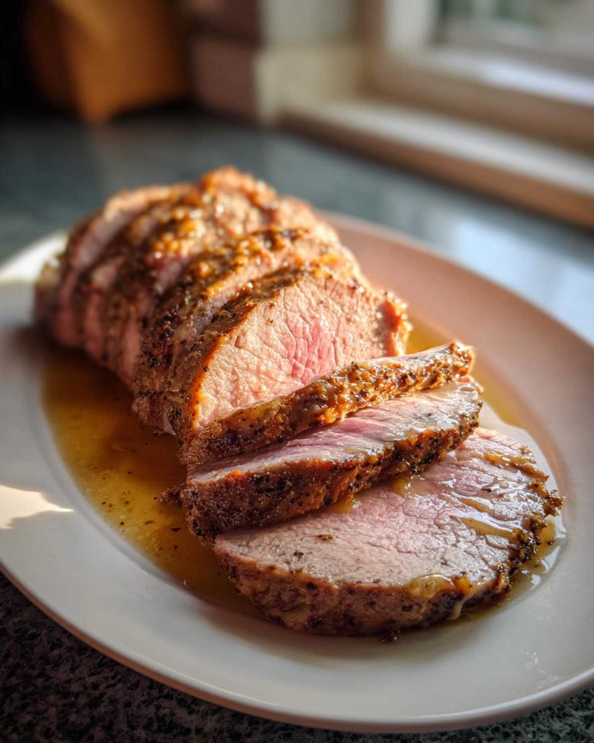 Close-up of a perfectly cooked, sliced pork loin roast resting in its juices on a white platter.