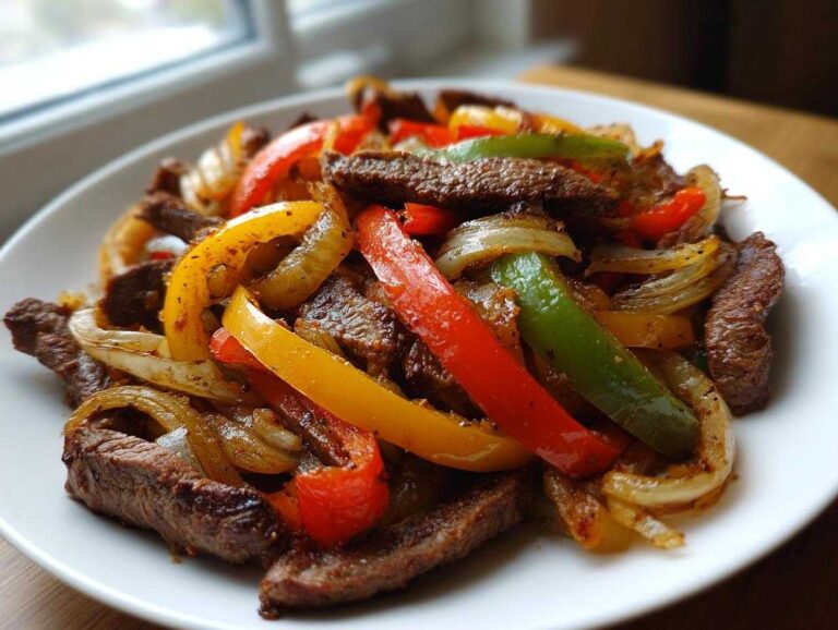 Close-up of juicy steak fajitas featuring strips of seasoned steak mixed with colorful sautéed bell peppers and onions on a white plate.