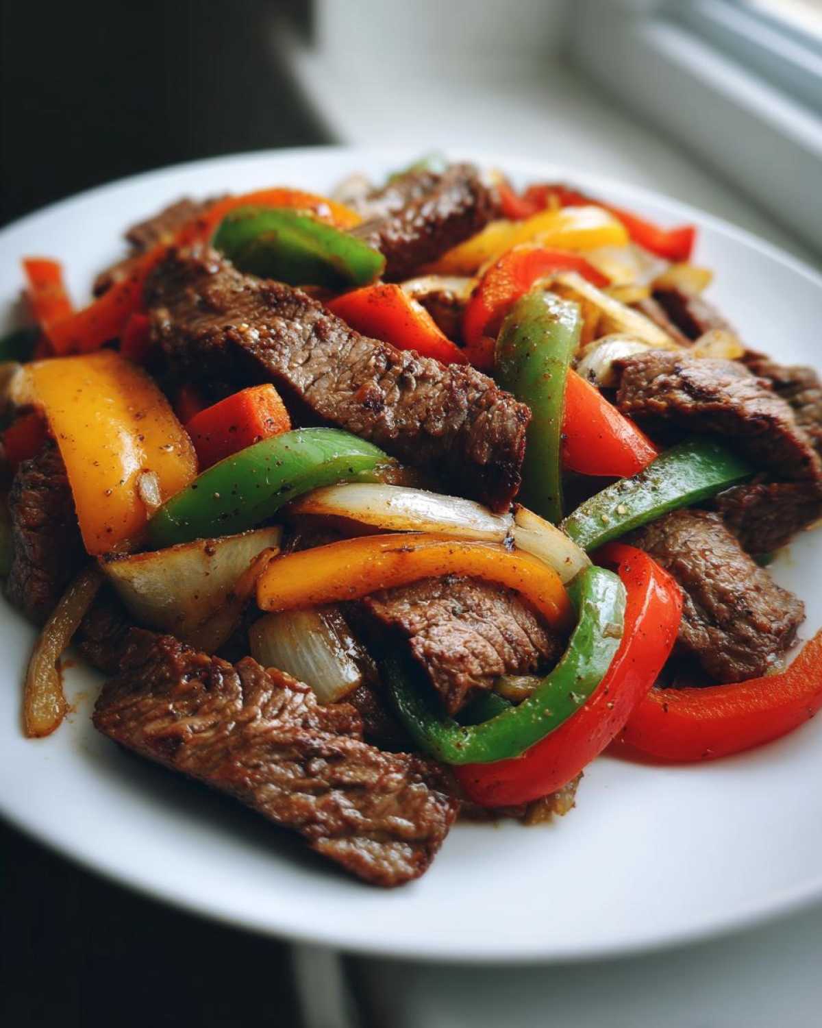 Close-up of perfectly cooked steak fajitas with strips of red, green, and yellow bell peppers and onions on a white plate.