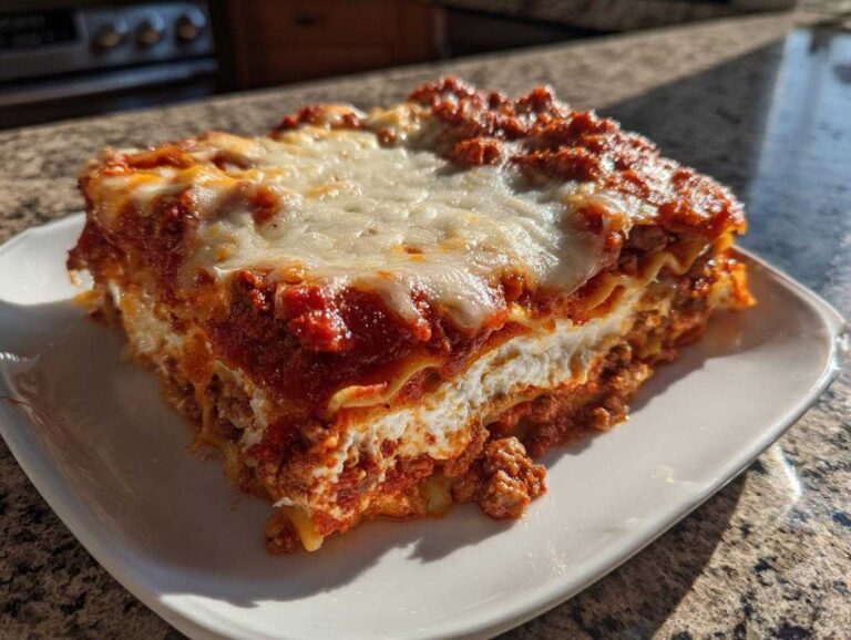 A thick, multi-layered slice of Lasagna with Cottage Cheese topped with melted mozzarella and rich meat sauce.