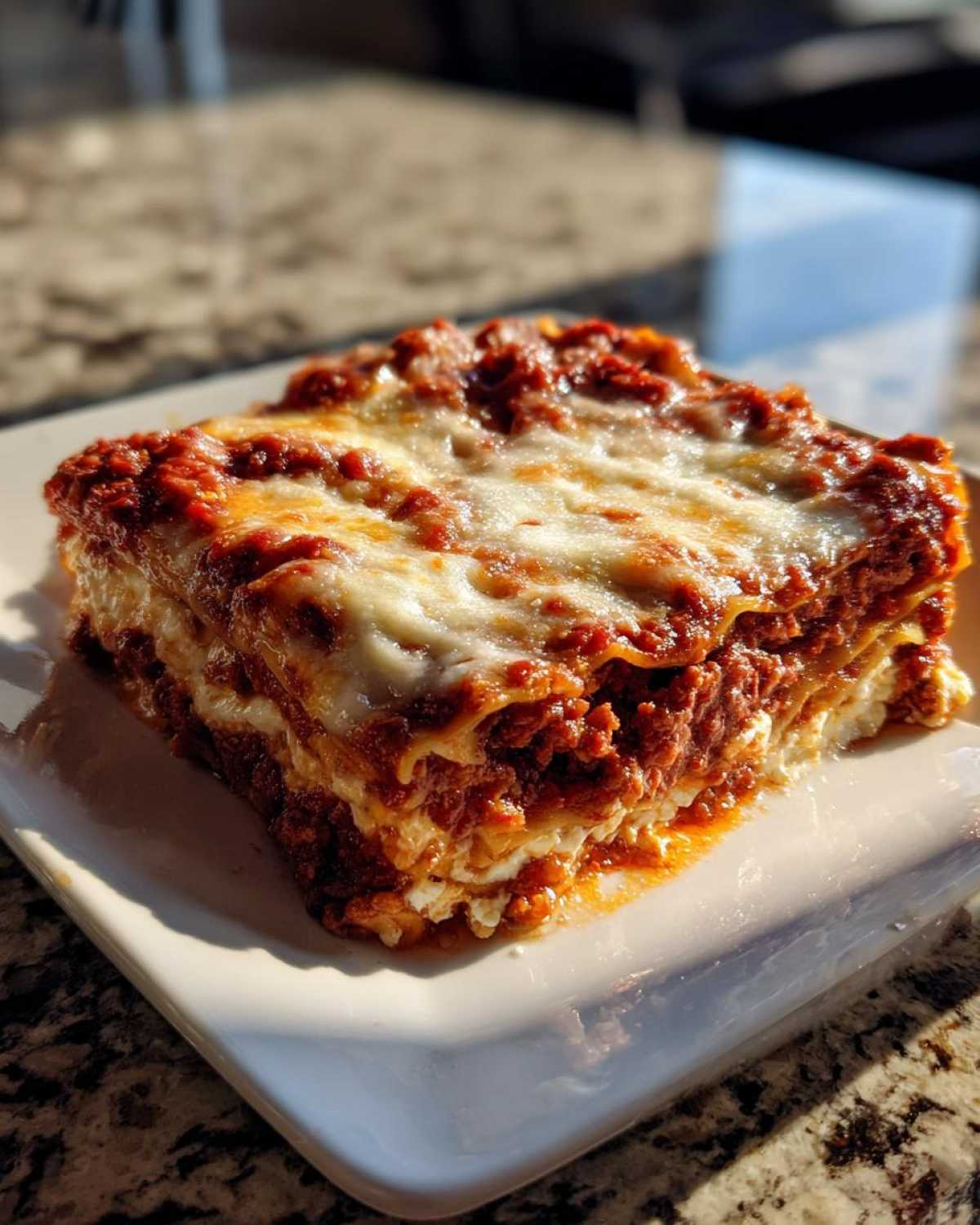 A perfectly layered slice of Lasagna with Cottage Cheese topped with melted mozzarella and rich meat sauce.