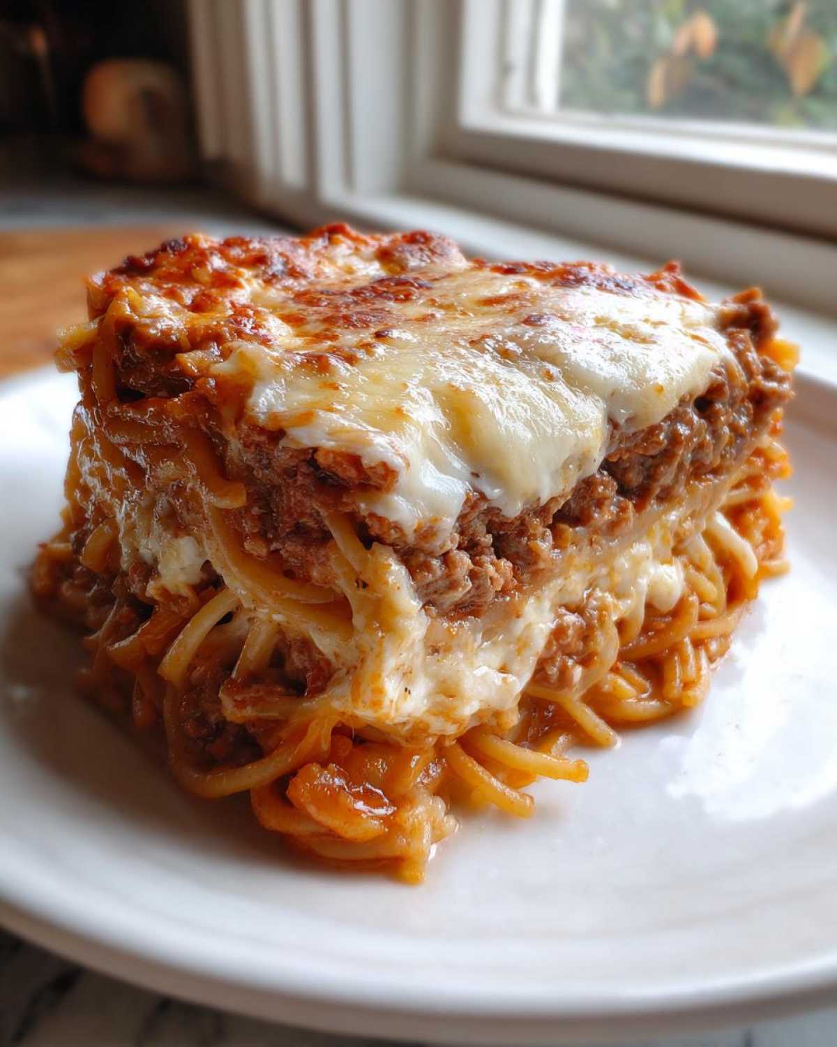 A thick, layered slice of spaghetti pie featuring meat sauce and melted, bubbly cheese on top, served on a white plate.