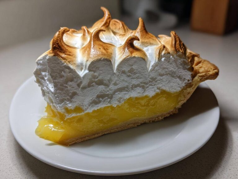 A tall slice of lemon meringue pie showing thick lemon filling and perfectly browned meringue peaks.