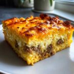 A thick, golden brown slice of make ahead egg bake with a cheesy top layer and savory meat filling.