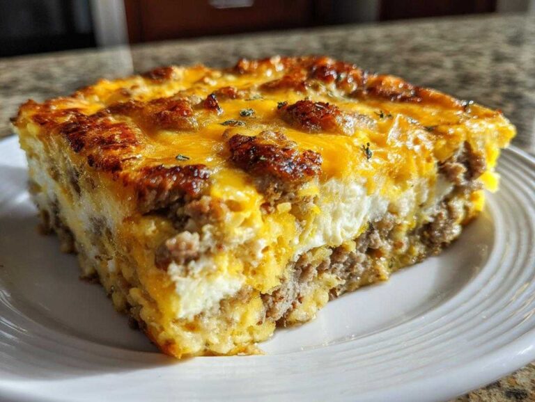 Amazing 10-Minute Make Ahead egg bake Close-up of a hearty slice of sausage and cheese egg bake with a golden, bubbly top.