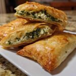 Close-up of golden, flaky Mediterranean Spinach and Feta Cheese Crisps stacked on a white plate, showing the spinach and feta filling.