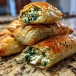 A stack of golden brown Mediterranean Spinach and Feta Cheese Crisps made with flaky phyllo dough, one cut open showing the filling.