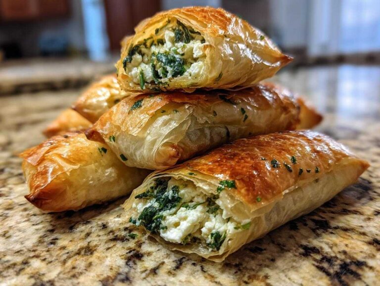 Divine 4-Layer Mediterranean Spinach and Feta Cheese Crisps A stack of golden brown Mediterranean Spinach and Feta Cheese Crisps made with flaky phyllo dough, one cut open showing the filling.