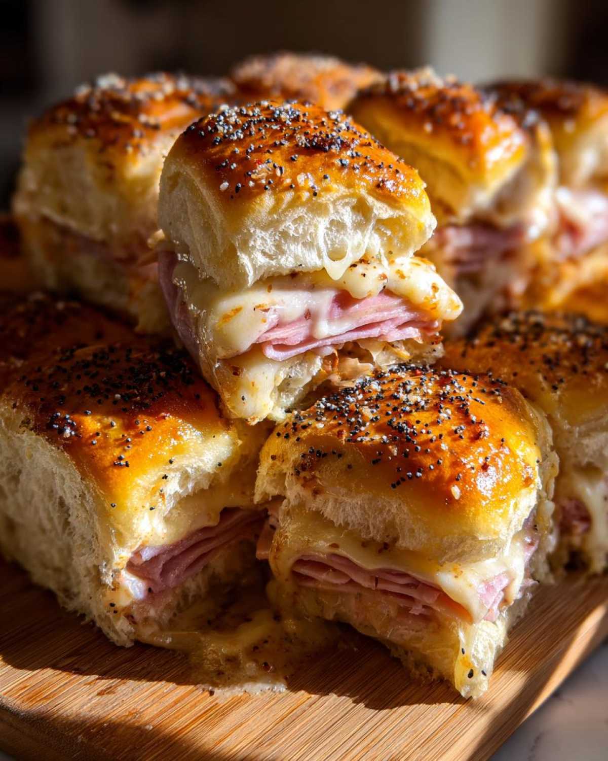 Close-up of freshly baked Ham and Cheese Sliders with melted Swiss cheese and a poppy seed topping.