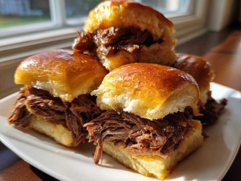 A stack of delicious Mississippi pot roast sliders featuring shredded beef filling on toasted slider buns, served on a white plate.