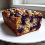 A moist slice of blueberry banana bread loaf, showing the dense crumb and burst blueberries.
