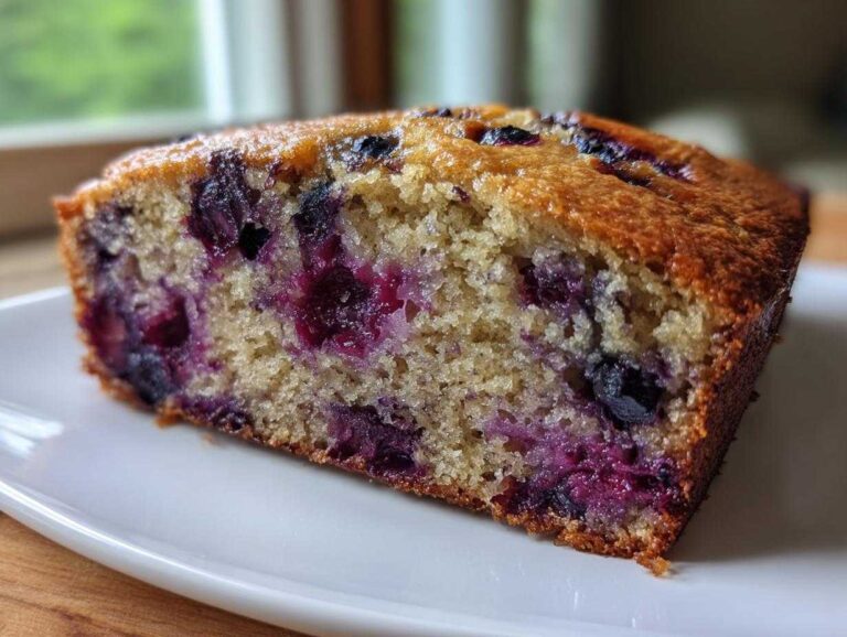 Close-up of a moist slice of blueberry banana bread showing a golden crust and vibrant purple blueberries throughout the crumb.