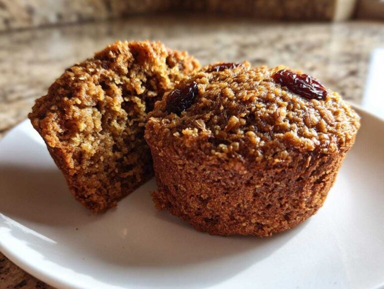 Close-up of two moist bran muffins, one cut open to show texture, topped with raisins.