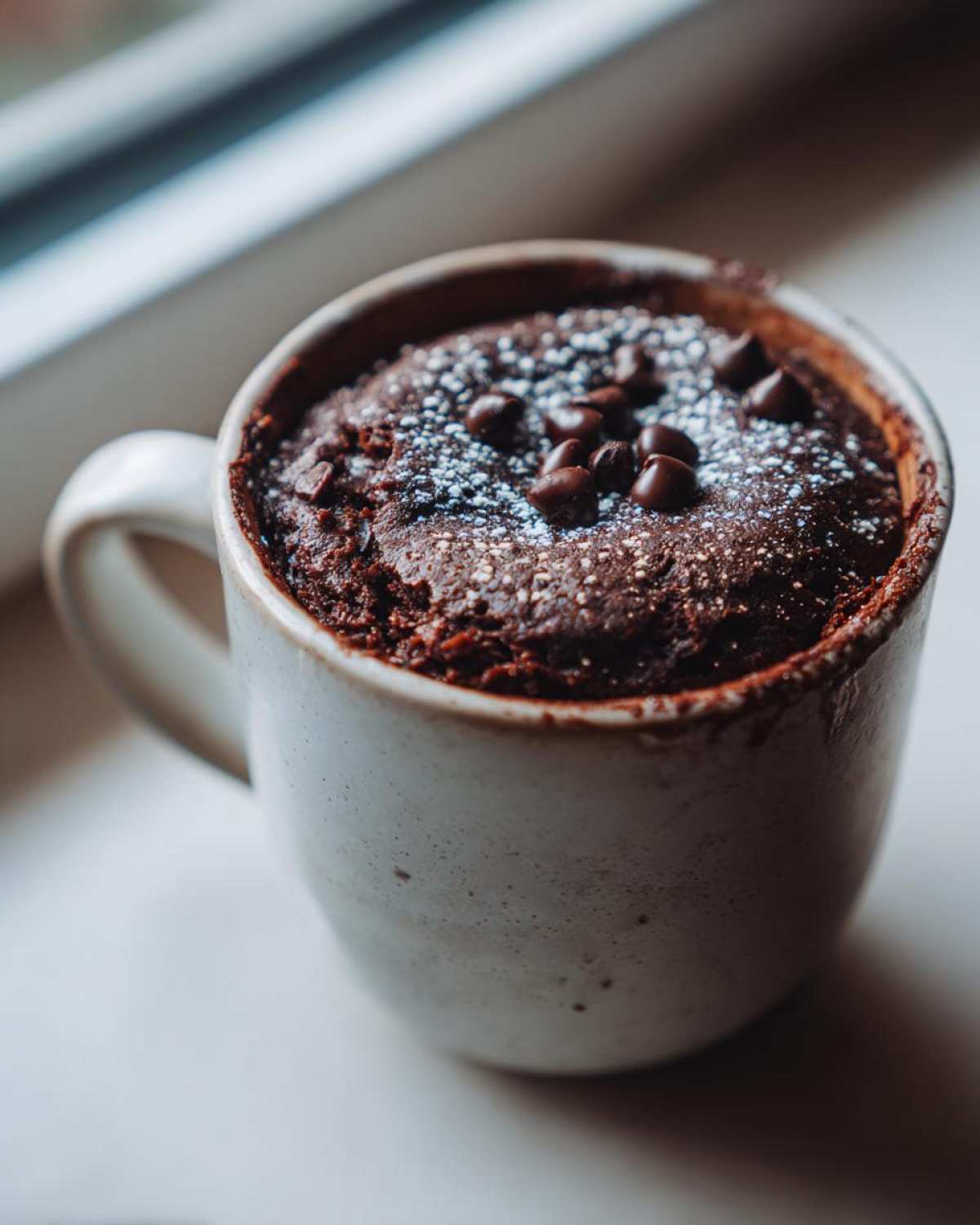 Close-up of a rich chocolate mug cake dusted with powdered sugar and topped with chocolate chips.