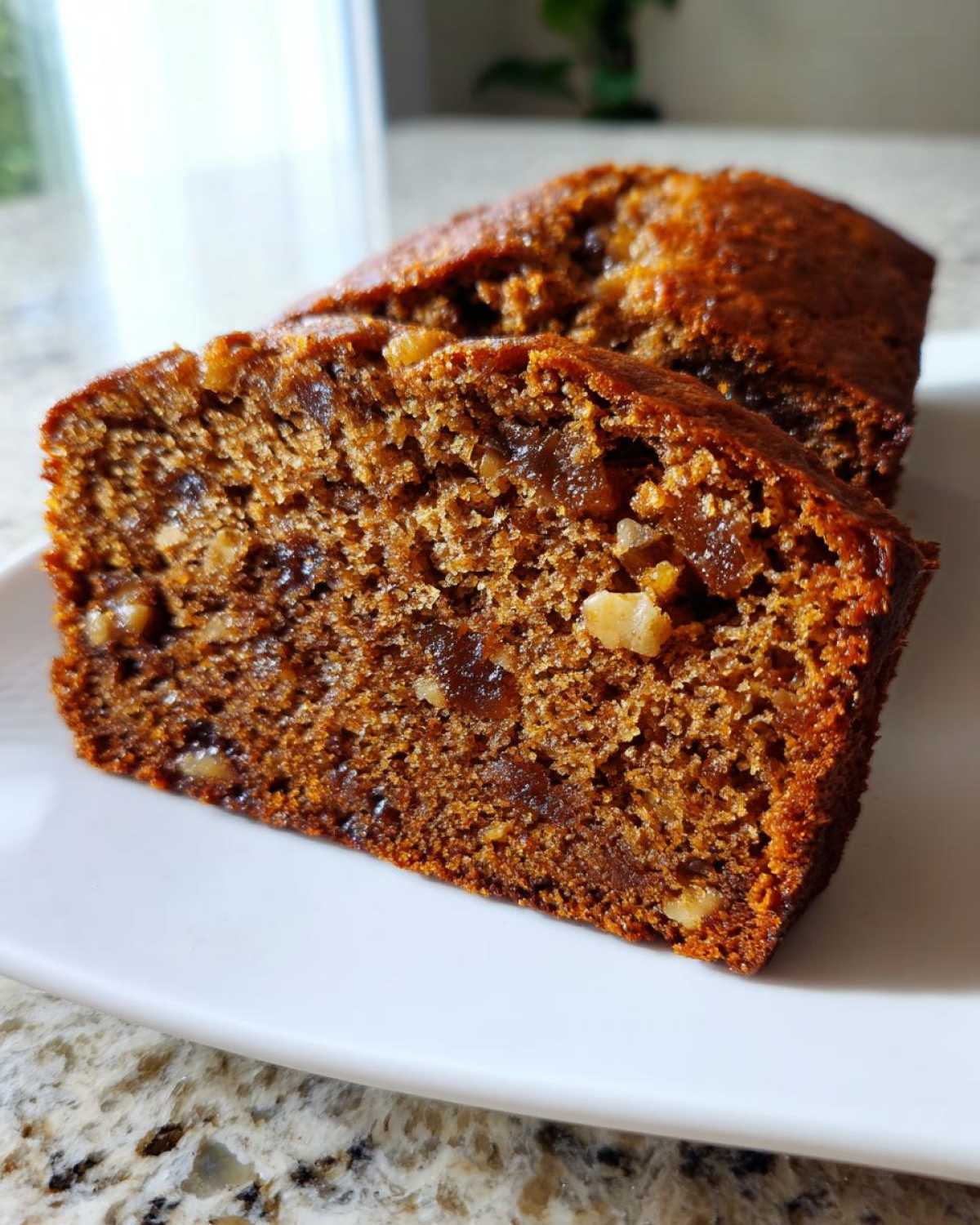 Close-up of a thick slice of moist date nut bread showing the rich brown crumb, dates, and chopped walnuts.