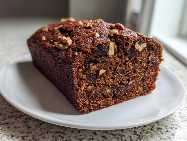 A close-up of a thick slice of moist date nut bread, studded with dates and topped with walnuts, served on a white plate.