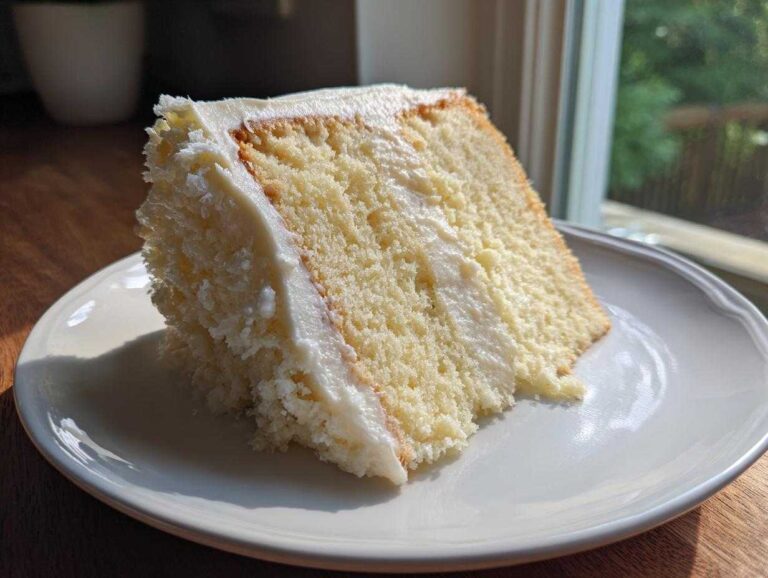 A close-up slice of moist vanilla cake recipe with thick white frosting, sitting on a white plate near a sunny window.