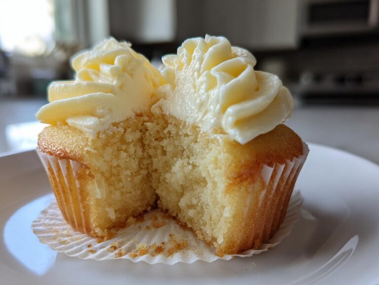 Close-up of a vanilla cupcake cut in half showing its moist crumb and creamy vanilla frosting.