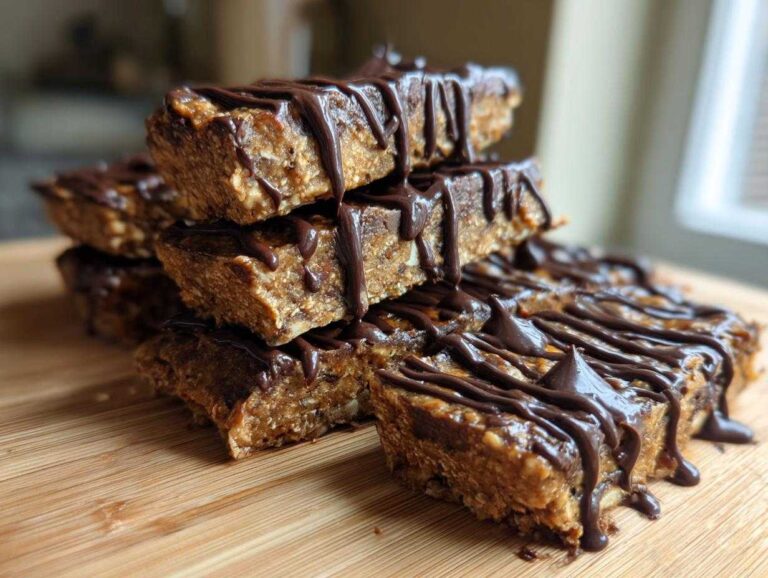 A stack of homemade, no-bake protein bars drizzled generously with melted dark chocolate, resting on a wooden cutting board.
