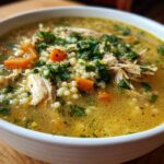 A close-up of a white bowl filled with golden penicillin soup featuring shredded chicken, carrots, and Israeli couscous, topped with fresh parsley.