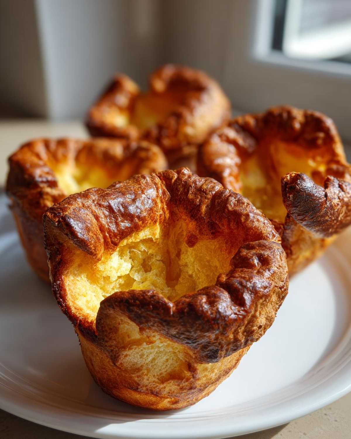 Close-up of four golden brown, tall Yorkshire pudding pastries sitting on a white plate.
