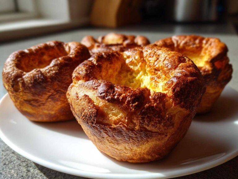 Yorkshire pudding: 1 amazing foolproof trick Close-up of several golden brown, perfectly risen Yorkshire pudding on a white plate.